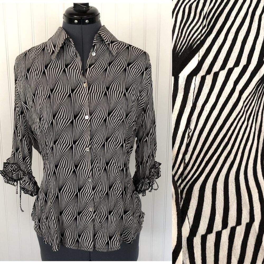 Vintage 90s 2000s Y2K Psychedelic Swirl Black and White Op Art Sexy Sheer Blouse